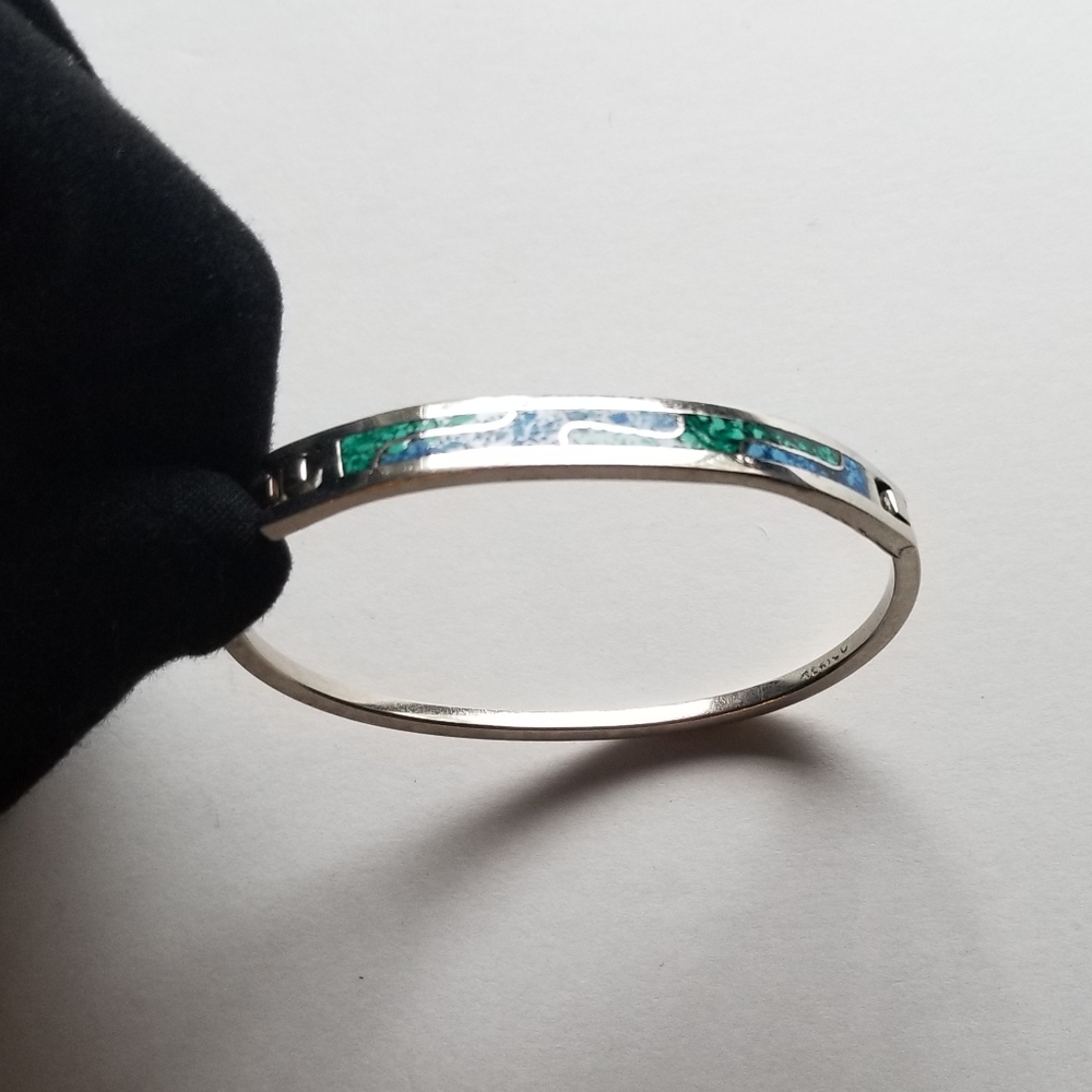 Vintage Native American Mexico Marked Silver Bracelet Turquoise Blue Chi…